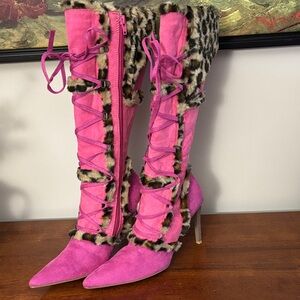 Michael Antonio Stylish Pink Leopard-Trimmed Knee-High Boots